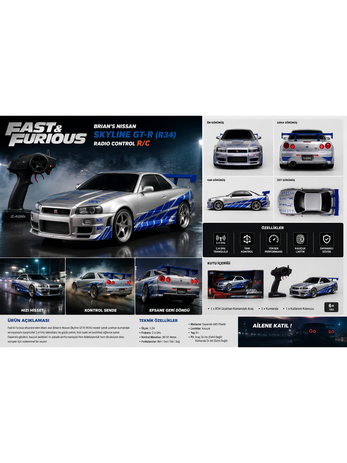 Fast & Furious Brian’s Nissan Skyline GT-R (R34) Uzaktan Kumandalı Araba