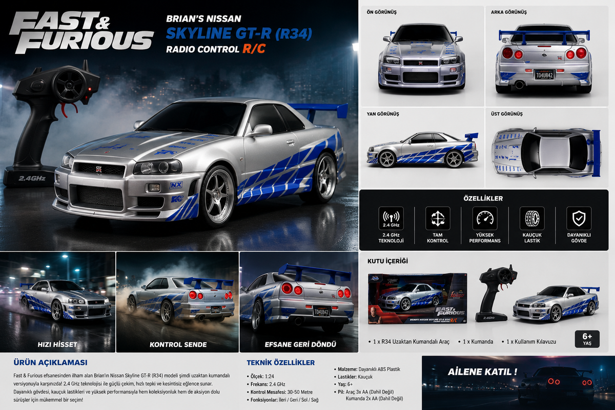 Fast & Furious Brian’s Nissan Skyline GT-R (R34) Uzaktan Kumandalı Araba